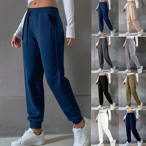 Women's Casual Cotton Sweatpants High Waist Drawstring Joggers With Pockets Solid Color Autumn Winter Sporty Loose Trousers