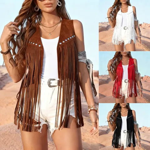 Women Faux Suede Tassel Vest Western Bohemian Sleeveless Rivet Jacket Top For Outdoor Party Ethnic Tribes