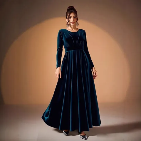 Women Plus Size Gold Velvet Long Sleeve Evening Dress Elegant Round Neck Pleated Floor Length Formal Party Banquet Gown