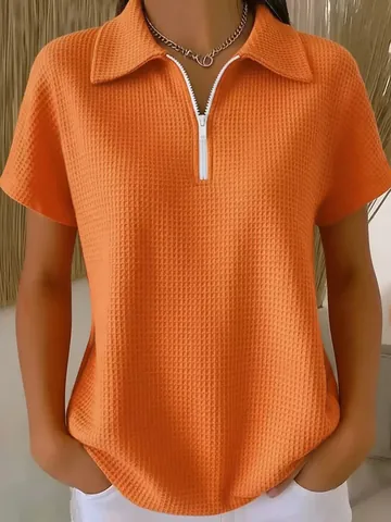 Maglia Polo da Donna in Tessuto a Nido d'Ape Top a Maniche Corte Largo Con Mezza Cerniera Tinta Unita Abbigliamento Estivo