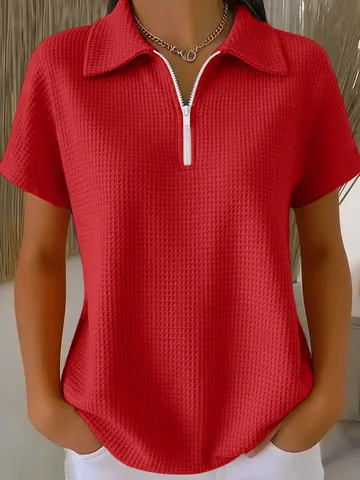 Maglia Polo da Donna in Tessuto a Nido d'Ape Top a Maniche Corte Largo Con Mezza Cerniera Tinta Unita Abbigliamento Estivo