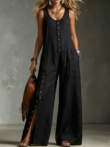 Women's Casual Polyester Sleeveless Jumpsuit Elegant V-Neck Button Wide Leg Romper Summer Vacation Bohemian Style Jumpsuit