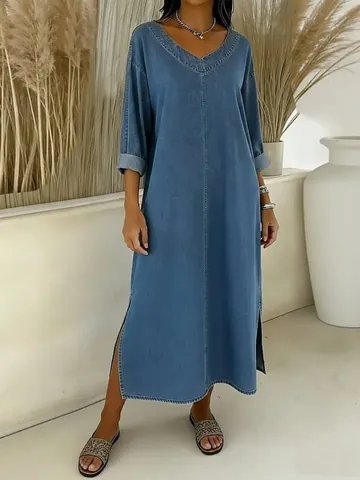 Women V Neck Half Sleeve Faux Denim Dress Casual Loose Solid Color Side Slit Midi Dress Spring Summer Fashion