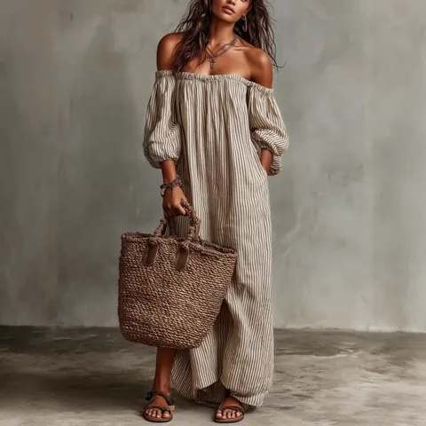 Women Off Shoulder Striped Maxi Dress Resort Style Puff Lantern Sleeve Casual Loose Long Dress