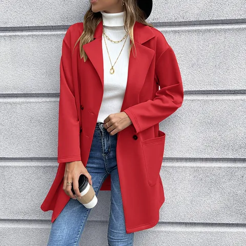 Chaqueta Blazer de Punto de Longitud Media para Mujer de Doble Botonadura Cárdigan de Manga Larga Casual Elegante Abrigo para Otoño Invierno