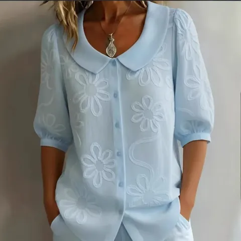 Women Vintage Floral Embroidered Button Down Shirt Casual Loose Peter Pan Collar Half Sleeve Cotton Polyester Blouse Top