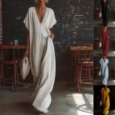 Women's Elegant Linen Cotton Maxi Dress V Neck Lace Trim Loose Casual Summer Vacation Dress