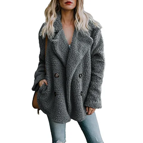 Women Autumn Winter Loose Faux Shearling Coat Lapel Double Breasted Warm Teddy Jacket Solid Color Outerwear Top