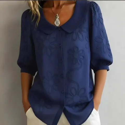 Women Vintage Floral Embroidered Button Down Shirt Casual Loose Peter Pan Collar Half Sleeve Cotton Polyester Blouse Top
