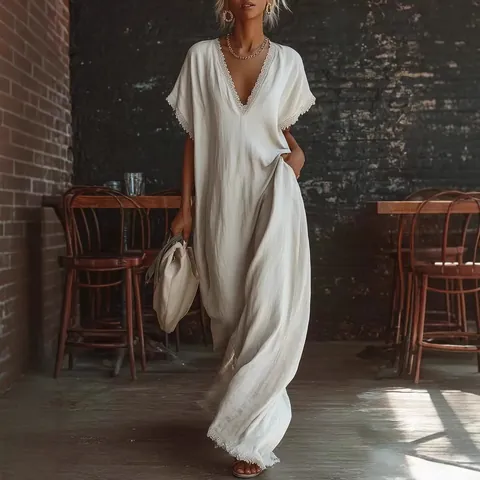 Women's Elegant Linen Cotton Maxi Dress V Neck Lace Trim Loose Casual Summer Vacation Dress