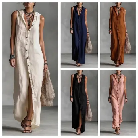 Women Sleeveless Hooded Button Down Maxi Dress Polyester Solid Color Loose Fit Casual Vacation Beach Summer Long Dress