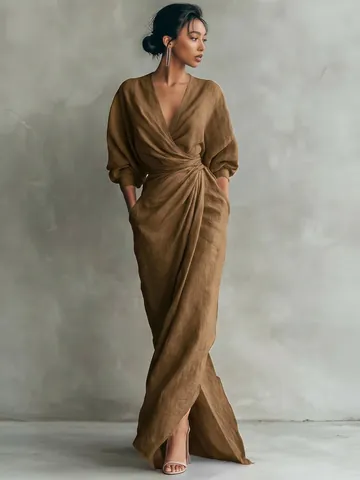 Robe Longue Femme Élégante Col en V Couleur Unie Manches Longues Avec Ceinture Fente Latérale Style Vacances Polyester Robe Mode