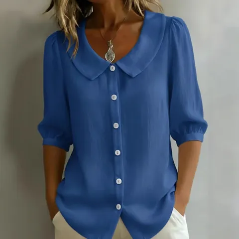 Damen Elegant Polyester Kurzarm Bluse Mit Peter-Pan-Kragen Einreihiges Button-Down-Top Für Sommer Pendeln Lässig Kleidung