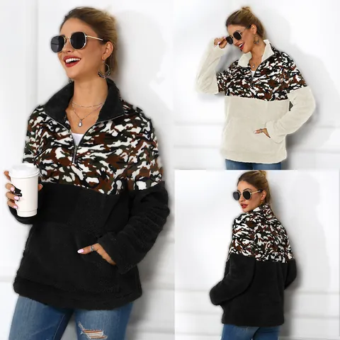 Damen Leopardenmuster Patchwork Doppelseitiges Fleece Hoodie Halber Reißverschluss Umlegekragen Lässig Locker Warm Top