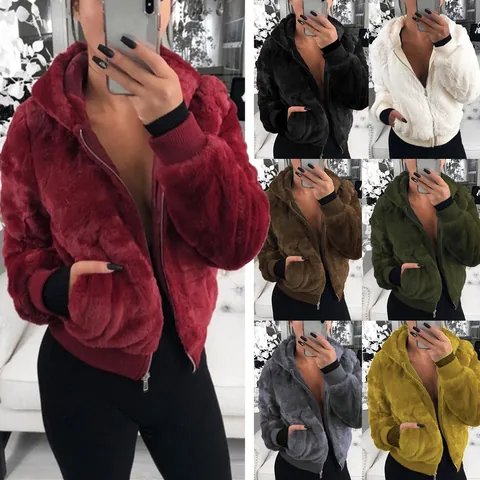Manteau à Capuche en Fausse Fourrure pour Femme Hiver Chaud Veste en Peluche Épaisse Avec Fermeture Éclair Poignets Côtelés Patchwork Top