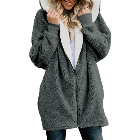 Veste à Capuche en Molleton de Fausse Peau de Mouton pour Femmes Fermeture Éclair Sweat-shirt Chaud Hiver Couleur Unie Cardigan Peluche