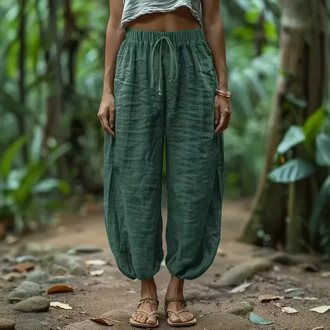 Women Cotton Harem Pants Elastic Waist Drawstring Loose Trousers Solid Color Casual Bohemian Pants With Pockets Bottom