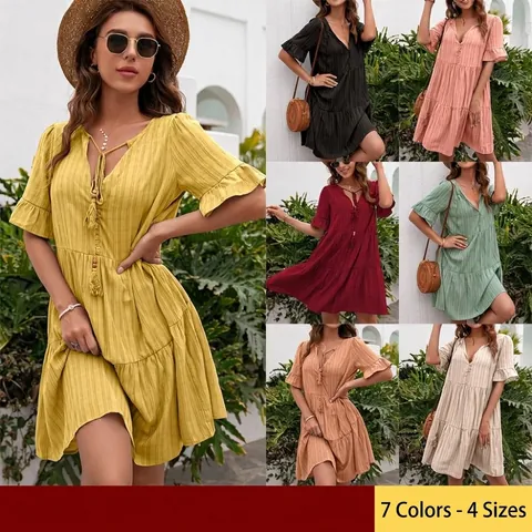 Women Summer V-Neck Bohemian Midi Dress Loose Casual Solid Color Tiered Cake Skirt Ruffle Short Sleeve Beach Sun Dress