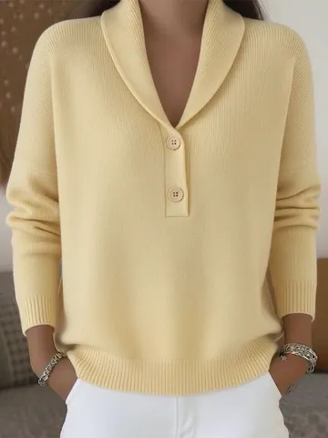 Maglione da Donna in Maglia Larga Casual Autunno Inverno Tinta Unita Colletto Polo Manica Lunga Top Con Bottoni Comodo Pullover