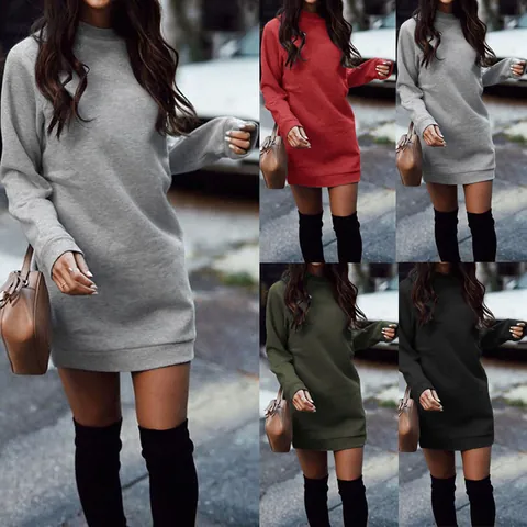 Women's Fashion Casual Crew Neck Long Sleeve Sweatshirt Dress with Pockets Solid Color Loose Mini Dress Autumn Winter