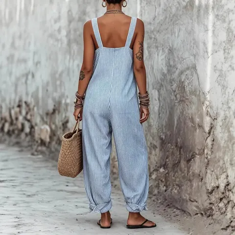 Damen Casual Polyester Gestreifter Druck Jumpsuit Ärmellos Locker Böhmisch Sommerurlaub Lange Hose Mode Overall Romper