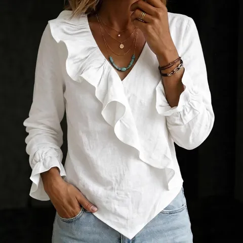 Camicetta da Donna in Cotone e Lino Con Scollo a V e Volant Maniche a Campana Orlo Irregolare Elegante Top
