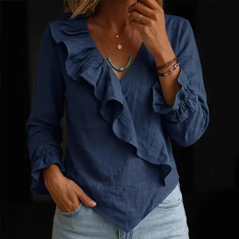 Camicetta da Donna in Cotone e Lino Con Scollo a V e Volant Maniche a Campana Orlo Irregolare Elegante Top