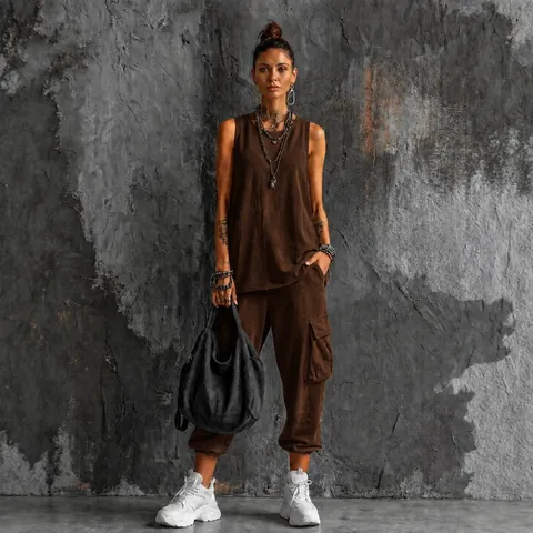 Women Bohemian Casual Outfit Sleeveless Round Neck Tank Top And Cuffed Jogger Pants Two Piece Polyester Spandex Clothes