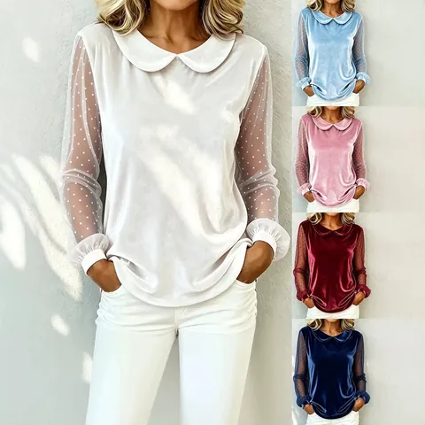 Damen Vintage Samt Top Peter-Pan-Kragen Langarm Netz Patchwork Punkte Bluse Retro Elegante Pullover Top Hemd
