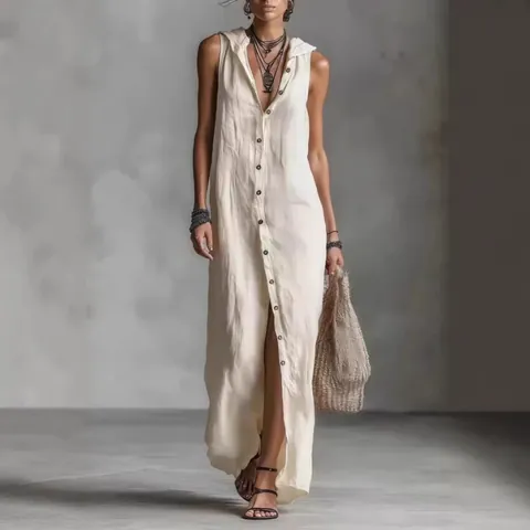 Women Sleeveless Hooded Button Down Maxi Dress Polyester Solid Color Loose Fit Casual Vacation Beach Summer Long Dress