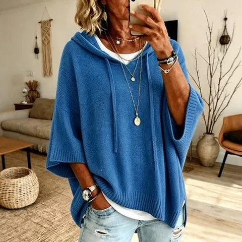 Women's Oversized Knit Hoodie Sweater Loose Fit Hooded Drawstring Pullover Knitted Outerwear Top For Fall Winter