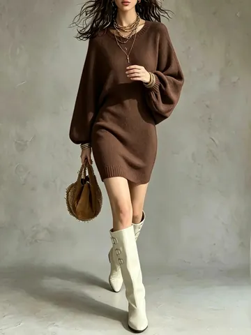 Women Elegant Mid-length Knitted Sweater Dress Loose Crew Neck Drop Shoulder Lantern Sleeve Knitted Pullover Solid Color Dress