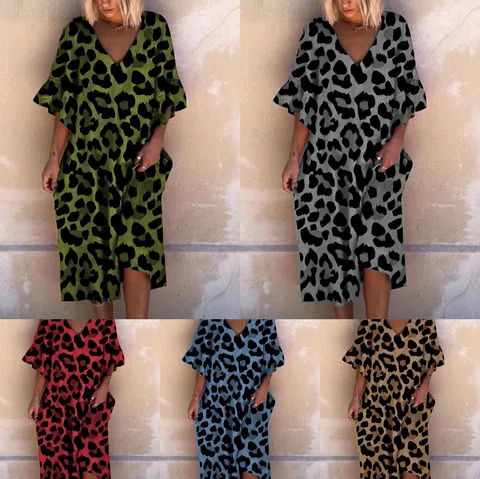 Damen V-Ausschnitt Leopardenmuster Rüschenärmel Midi Kleid Lässig Lose Fließend A-Linie Strand Kleid Für Urlaub