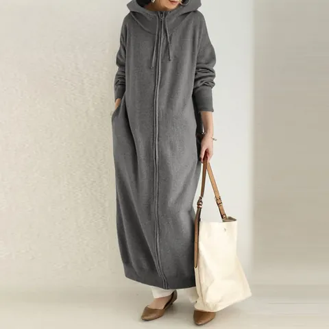 Women Plus Size Fleece Lined Full Zip Hooded Sweatshirt Robe Long Sleeve Solid Color Casual Longline Jacket Outerwear