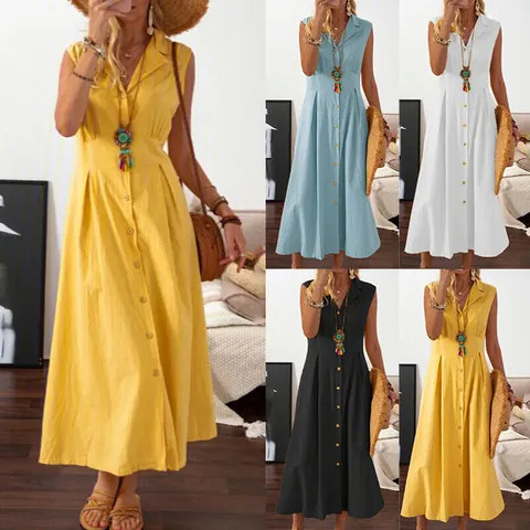 Damen Ärmellos Baumwolle Polyester Kleid Hemdkragen Einreihig Patchwork A-Linie Maxi Kleid Lässig Einfarbig Urlaub Sonnenkleid