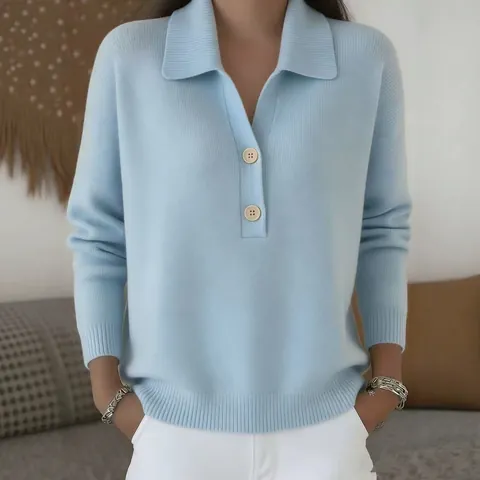 Women's Loose Polo Neck Knit Sweater Half Placket Button Pullover Casual Long Sleeve Knitted Top For Autumn Winter