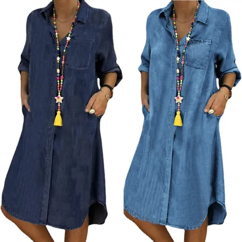 Women Plus Size Casual Denim Shirt Dress Solid Color Long Sleeve Single Breasted Midi Dress with Pockets for Autumn