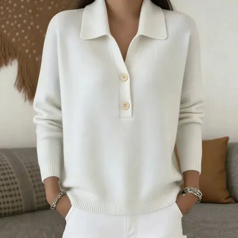 Women's Loose Polo Neck Knit Sweater Half Placket Button Pullover Casual Long Sleeve Knitted Top For Autumn Winter