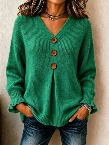 Suéter de Punto Casual para Mujer Cuello en V Holgado Color Sólido Manga Larga con Volantes Pulóver de Poliester con Botones