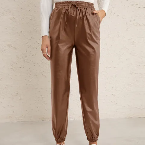 Women High Waist PU Leather Joggers Elastic Waist Drawstring Biker Style Casual Loose Cuffed Synthetic Leather Pants