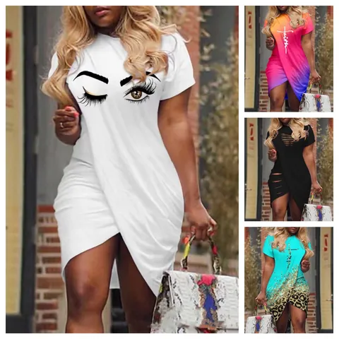 Vestito Casual da Donna in Stile Europeo Americano con Stampa Astratta Mini Abito Manica Corta Girocollo Orlo a Tulipano Irregolare
