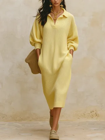 Women Long Ribbed Knit Sweater Dress V-Neck Button Pocket Lantern Sleeve Loose Mid-Calf Solid Color Winter Autumn Pullover Dress