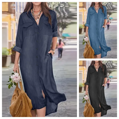 Women Casual Denim Shirt Maxi Dress Long Sleeve Button Down Lapel Neck Jean Dresses With Pockets Slit Hem Loose Long Gown