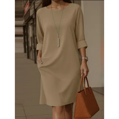 Robe Midi Élégante à Col Rond pour Femmes Couleur Unie Manches Demi Robe Décontractée Avec Poches Latérales Patchwork Polyester