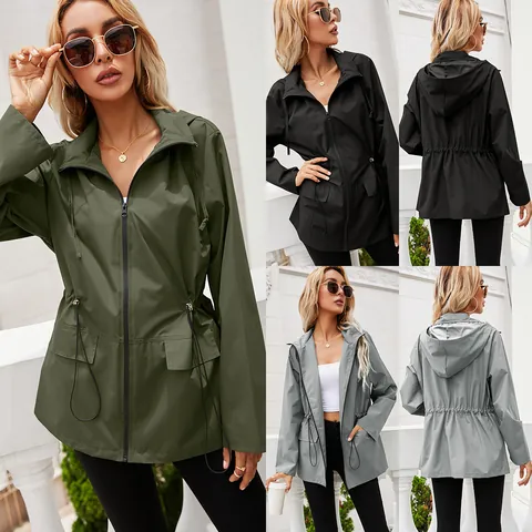 Dames Capuchon Waterdicht Regenjas Outdoor Windjack Met Trekkoord Taille Rits Top Voor Wandelen Kamperen