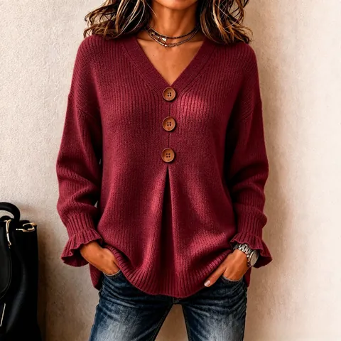 Women V-Neck Long Sleeve Knit Sweater Top With Decorative Buttons And Ruffle Cuffs Casual Solid Color Pullover