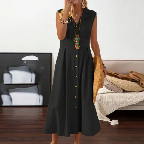 Damen Ärmellos Baumwolle Polyester Kleid Hemdkragen Einreihig Patchwork A-Linie Maxi Kleid Lässig Einfarbig Urlaub Sonnenkleid