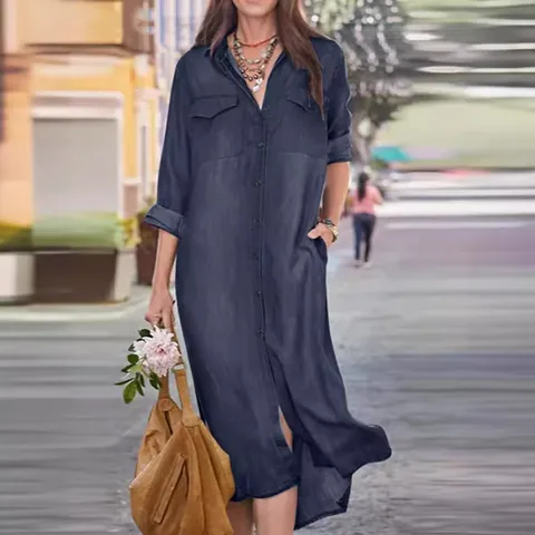 Women Casual Denim Shirt Maxi Dress Long Sleeve Button Down Lapel Neck Jean Dresses With Pockets Slit Hem Loose Long Gown