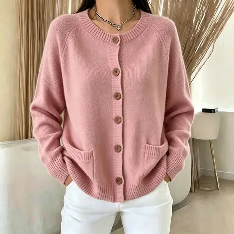Women Round Neck Knitted Cardigan Sweater Solid Color Casual Button Jacket Long Sleeve Top Pockets Autumn Winter