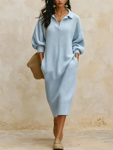 Women Long Ribbed Knit Sweater Dress V-Neck Button Pocket Lantern Sleeve Loose Mid-Calf Solid Color Winter Autumn Pullover Dress